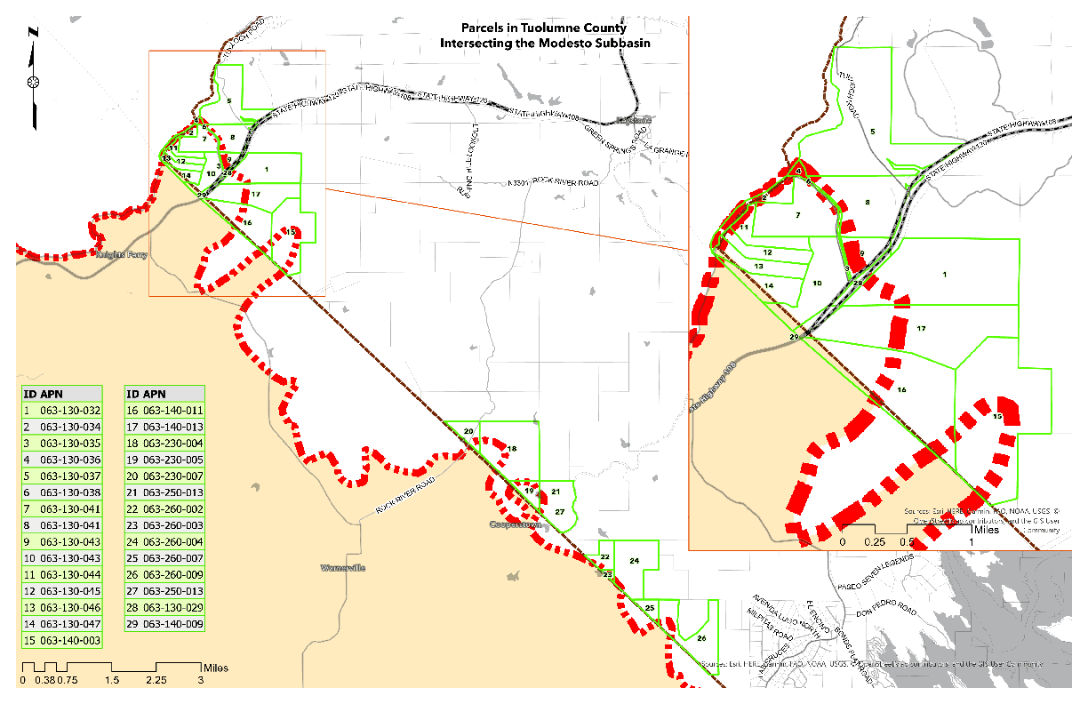 Map of Tuolumne County parcels within Modesto Subbasin