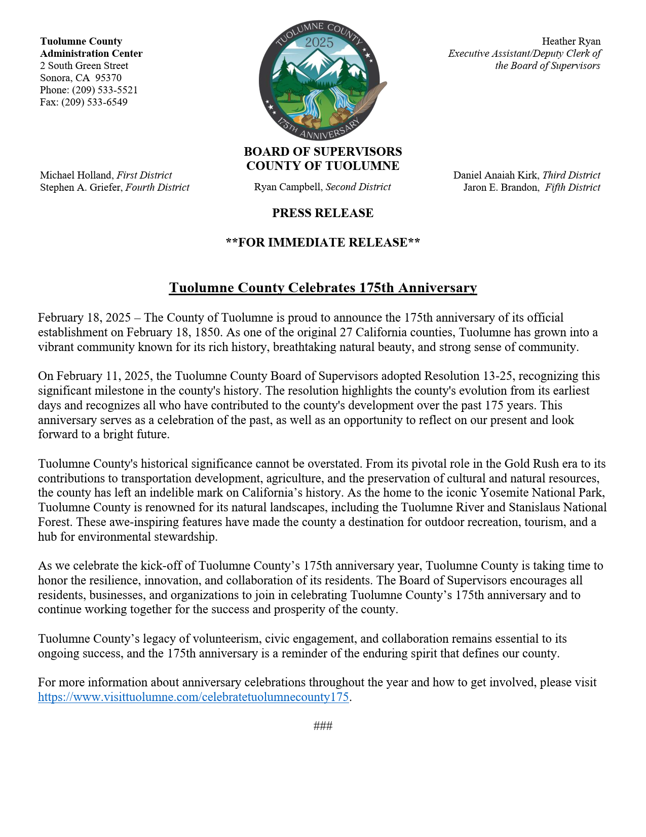 PRESS RELEASE 175th Anniversary