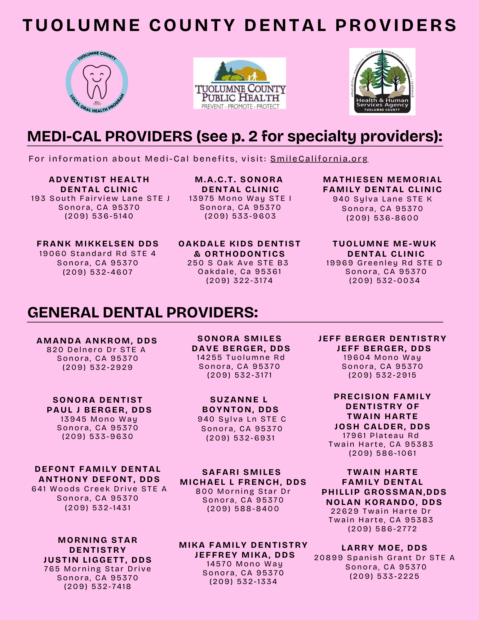 LOHP Tuolumne County Dental Providers 2025, p.1